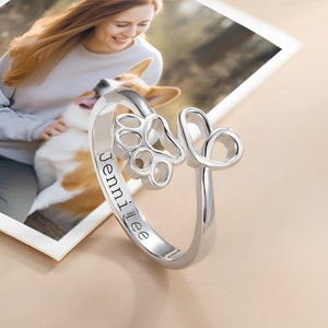 Benutzerdefinierte Name gravierte Haustier Ring, Pfotenabdruck Liebe Herz Name Ring, Sterling Silber 925 einstellbare offene Ring Geschenk für Haustier-Besitzer