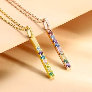 Custom Birthstones Bar Necklace, Name Engraved Crystal Birthstone Pendant Necklace, 18k Gold/Rosegold Plated/Sterling Silver 925 Necklace