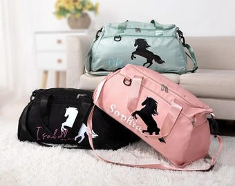 Personalized Name Horse Duffle Bag Sports Equipment Bag, Custom Name Horse Equestrian Weekender Bag, Horse Rider Sports Bag, Horse Girl Gift