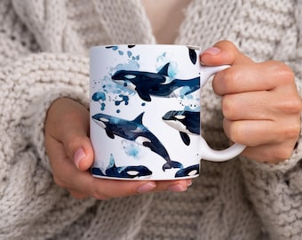 Aquarell-Stil Orca-Druck 11 Unzen Keramikbecher, Killerwal-Druck Keramikbecher, Orca-Enthusiasten Geschenkidee, Orca / Wal-Keramik-Trinkgefäß