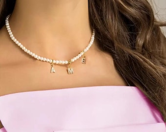 Personalized Initial Pearl Choker, Zircon Initials Pearl Necklace, Pearl Necklace with Letter Charms, Best Friend Jewelry Gift