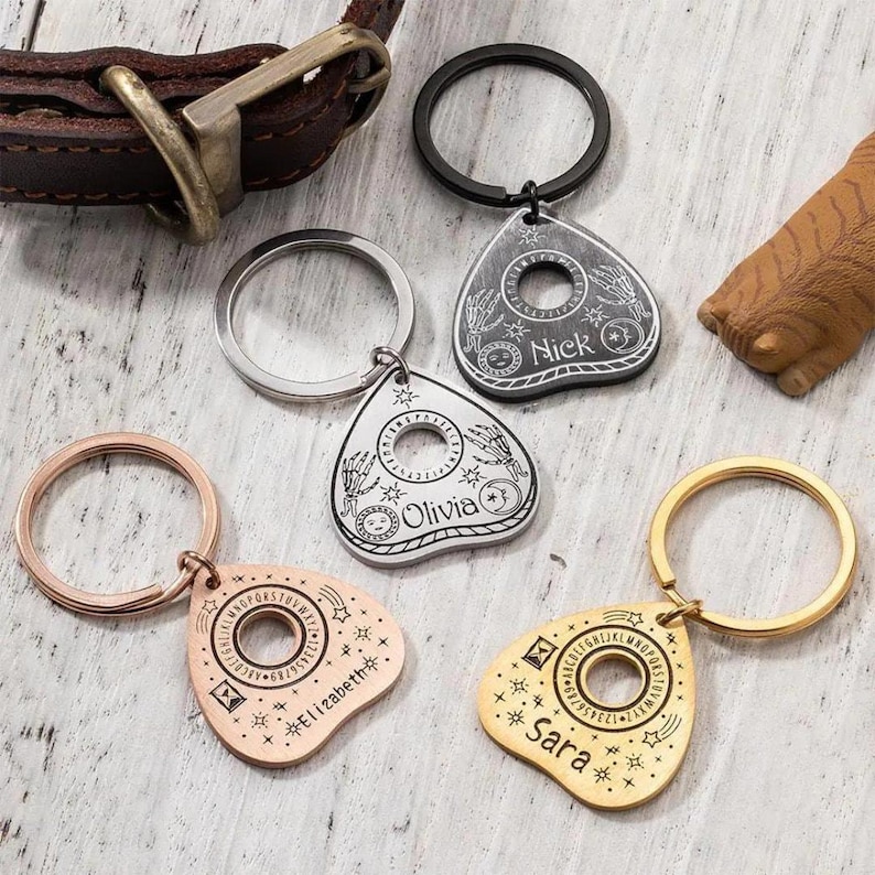 Pet ID Tag with Custom Name, Stainless Steel Ouija Planchette Pet/Cat Tag, Tiny Witchy Cat Collar Charm, Spiritual Cat Owner Gift image 1