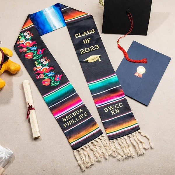Customized Mexican Graduation Stole, Embroidery Thread “Class of 2024” Sash, Heritage High School/College/University Celebration Gifts