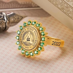 Custom Engraved University Graduation Signet Ring with Birthstones, Custom School Logo Class Ring, College Graduation Class Ring for Women