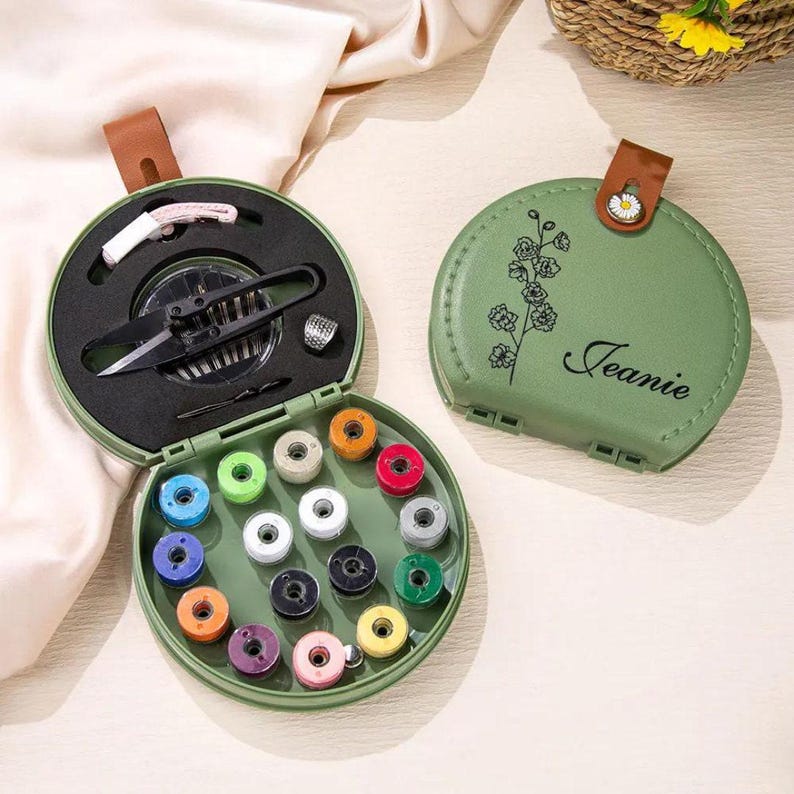 Customized Mini Sewing Kit with Name + Birth Flower, Gift for Grandmas/Moms/Dressmakers/Seamstress, Poratble Personalized Sewing Set image 1
