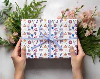 4th of July Print Wrapping Paper Roll, American Independence Day Holiday Gift Wrap, Patriotic Gift Paper, American Flag Themed Gift Wrap