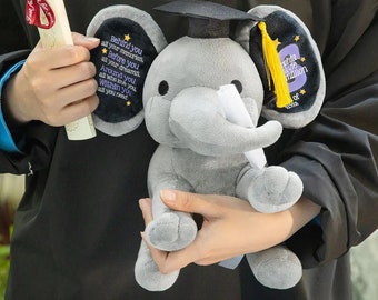 Elefante de peluche personalizado de graduación con nombre, regalo de graduación de secundaria/universidad, recuerdo personalizado de graduación preescolar.