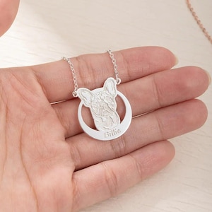 Custom Pet Portrait + Name Engraved Necklace, 925 Sterling Silver Dog Necklace, Pet Memorial Jewelry/Pet Owner Gift Idea, Dog Photo Necklace