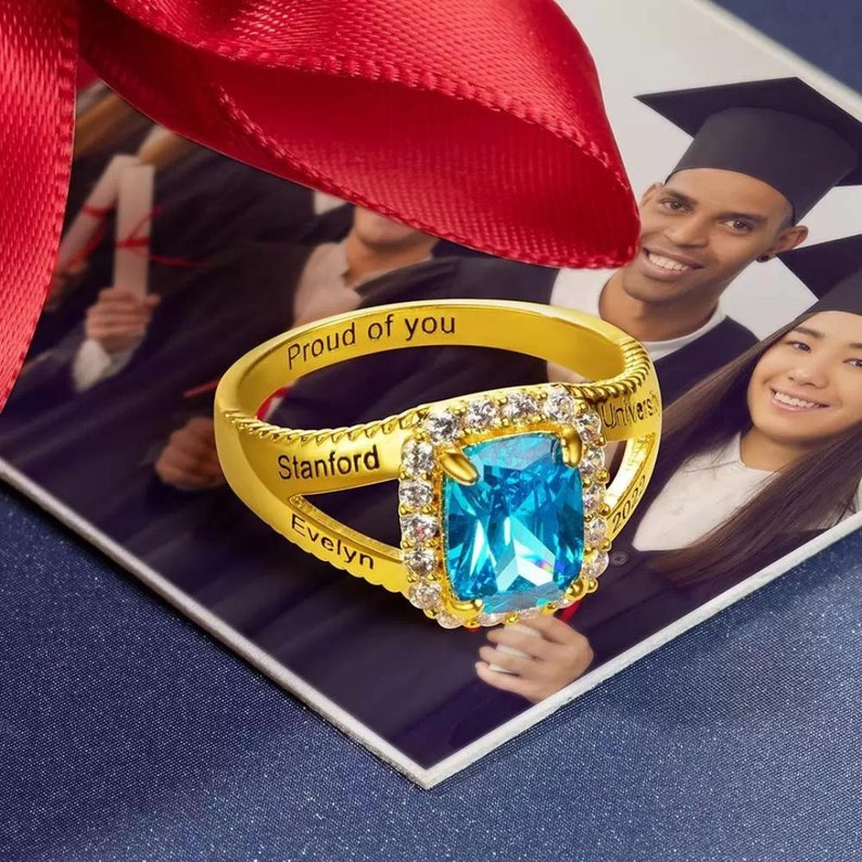 Custom Class Graduation Ring With Name + Birthstone, Custom Engraved ...