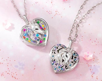 Benutzerdefinierte Foto Einhorn Strass Herz Locket Halskette, Einhorn Silber Locket Anhänger Glück Halskette, bunte funkelnde Einhorn Medaillon