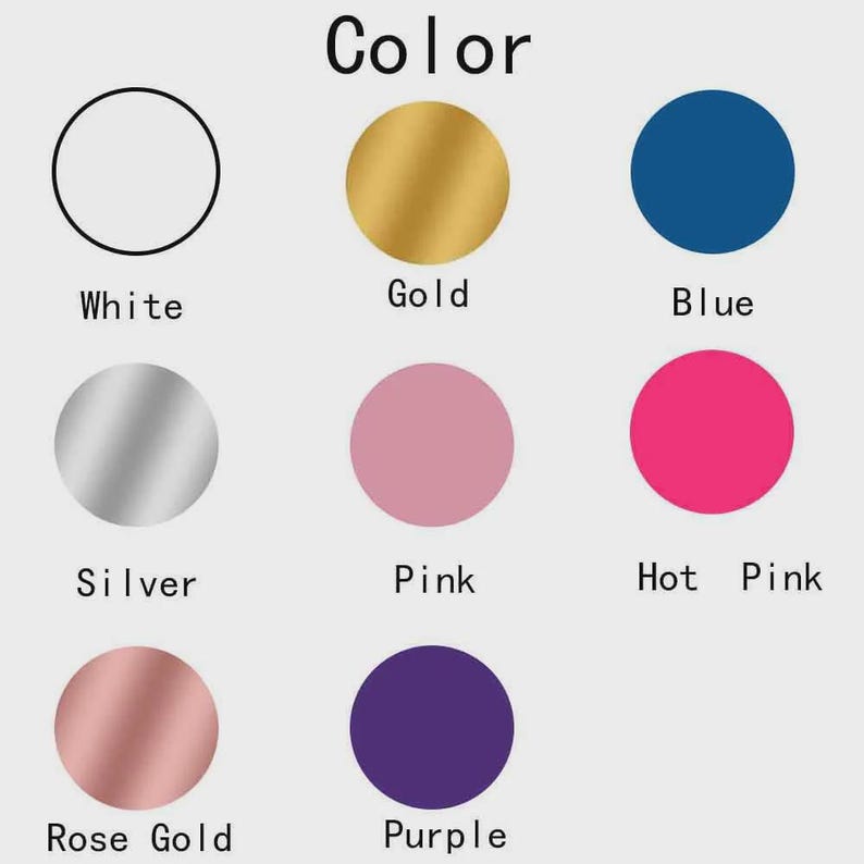 Puede incluir: Imagen que muestra una carta de colores con la palabra "Color" en la parte superior. La carta presenta c&iacute;rculos en varios colores: blanco, dorado, azul, plateado, rosa, rosa intenso, oro rosa y morado. Cada color est&aacute; etiquetado con su nombre.