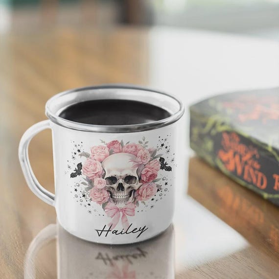 Personalized Name Halloween Floral Skull Enamel Mug, 11oz Halloween Camping Mug, Halloween Gift for Girls, Girly Gothic Halloween Mug