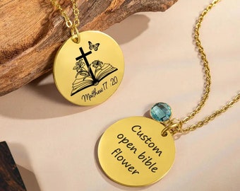 Custom Engraved Bible Verse + Birth Flower Disk Necklace with Birthstone, Personalized Christian Cross Necklace, Bible Christian Jewelry