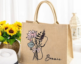 Personalized Stethoscope Tote Bag with Name & Birth Flower, Large Capacity Stethoscope Jute Bag, Graduation Gift for Doctor or Nurse