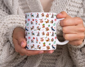 Christmas Dogs Print 11oz Ceramic Mug, Dogs with Christmas Hats Holiday Print Coffee Cup, Pet Lover Holiday Drinkware, Secret Santa Gifts