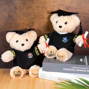 Aangepast logo + naam + jaar afstuderen teddybeer, gepersonaliseerde schoolbadge afstuderen beer knuffel, afstuderen teddybeer met motorboard