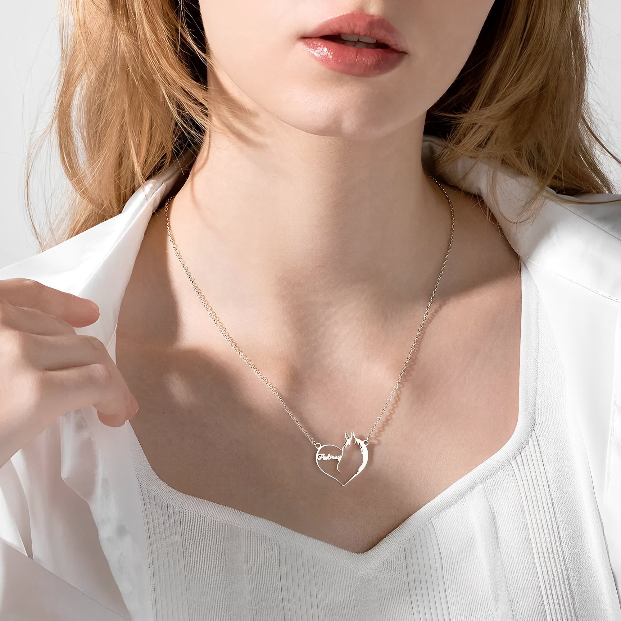 Custom Name Cat Silhouette Heart Necklace, Dog Silhouette Name Necklace, Personalized Horse Silhouette Necklace, Pet Loss Memorial Jewelry