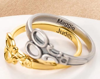 Personalized Scissor Ring with Name, Hairdresser Delicate Jewelry Gift, Hairstylist Graduation Jewelry Ring, Stackable Scissors Ring