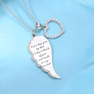 Angel Wing & Heart Necklace w/Custom Engraving, 925 Sterling Silver Guardian Angel Pendant Necklace, Wing Memorial Necklace for Mom/Sister