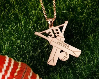 Collar de bate de críquet personalizado con nombre y número grabados. Collar de bate de críquet para hombre en plata de ley 925/chapado en oro de 18 quilates. Regalos de críquet.