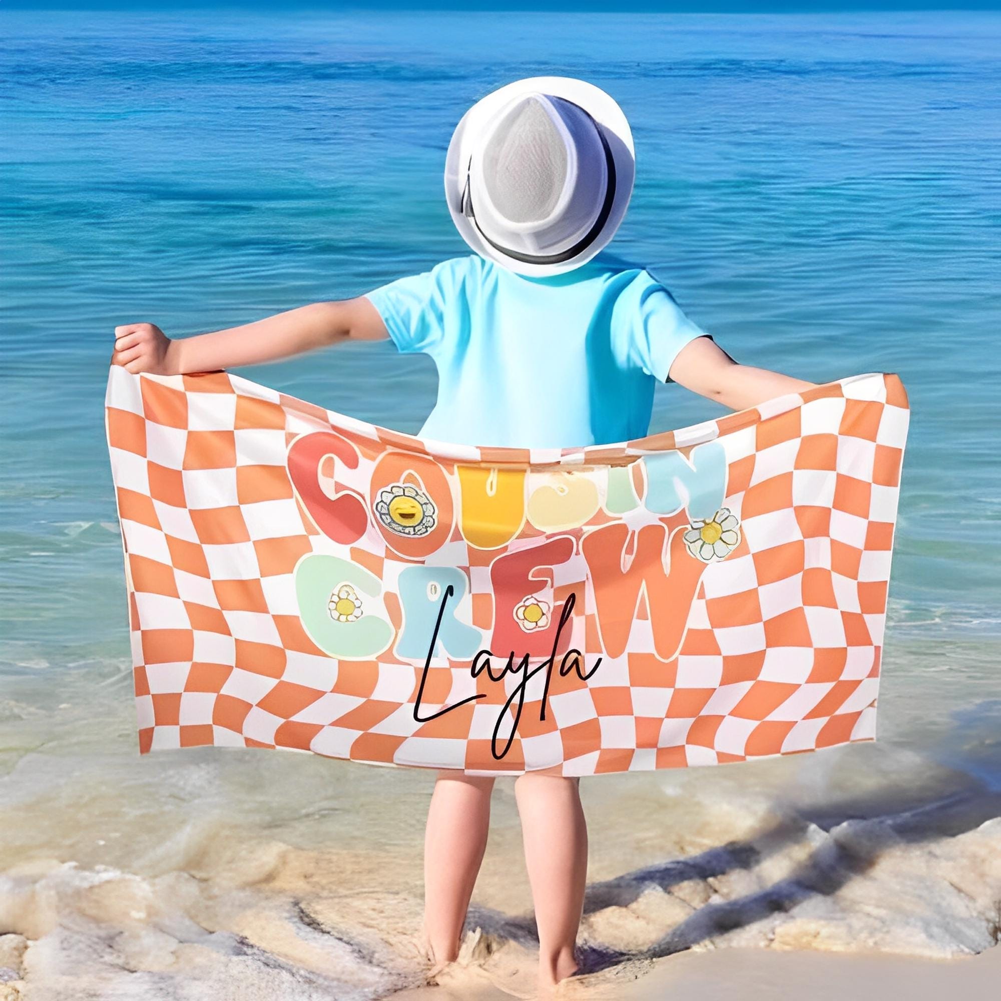 Custom Name Cousin Crew Super Soft Microfiber Beach Towel, Family Vacation Fast Dry Towels, Group Trip Matching Cousin Beach Towels