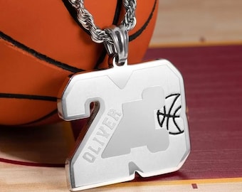 Custom Basketball Number + Name Necklace in Stainless Steel, Basketball Player Chain Necklace with Custom Engraving, Basketball Player Gift