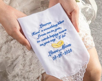 Mouchoir de mariage pour ma fille, mouchoir en coton brodé personnalisé, quelque chose de bleu, cadeau de mariage de maman à fille