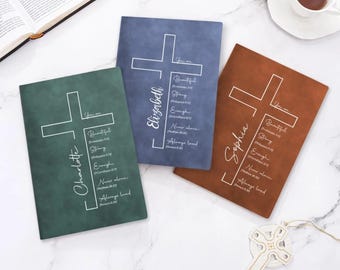 Cuaderno de cuero con cruz y nombre personalizado, diario con versículos bíblicos inspiradores, diario de oración A5/A6, diario de gratitud para cristianos.