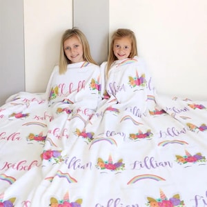 Custom Name Unicorn + Rainbow Blanket, Soft/Plush Personalized Blanket with Name, Perfect Gift for Kids/Girls 4-12, Cute Girls Bedroom Decor