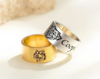 Tierportrait + Name eingravierter Ring in 925 Sterlingsilber, personalisierte Tierportrait-Halskette für Haustier-Gedenkstätte / Feier, Geschenk für Tierbesitzer