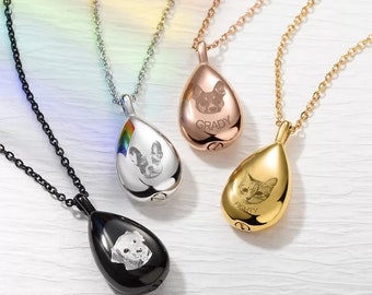 Custom Pet Portrait Necklace | Teardrop Urn for Cremation Ashes | Personalized Pet Memorial Jewelry with Name