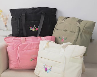 Personalized Floral Quilted Duffle Bag, Custom Embroidered Cotton Weekender Bag, Large Travel Accessory Gift for Women or Girls, Luggage Bag