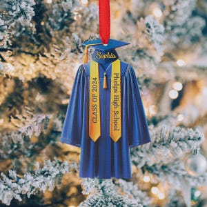 Custom Graduation Gown Ornament with Ribbon, Class of 2025 Bachelor Gown Decoration, High School College Christmas Keepsake for Graduate