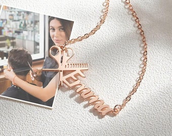 Collana con nome parrucchiere personalizzato, collana con forbici e pettine in argento sterling 925/placcato oro 18k, regalo personalizzato per parrucchiere/barbiere