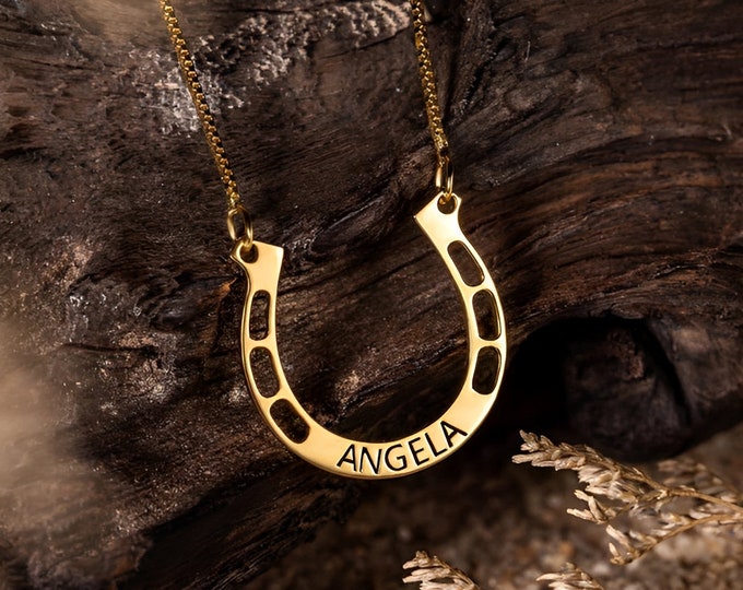 Horseshoe Necklace with Custom Name, 925 Sterling Silver/18k Gold Plated Name Engraved Necklace for Cowgirl, Equestrian Personalized Gift