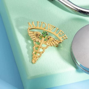 Medical Graduation Pin with Custom Name & Birthstone, 18K Gold Plated Caduceus Birthstone Pin, Medical Symbol Lapel Pin for Doctor/Nurse