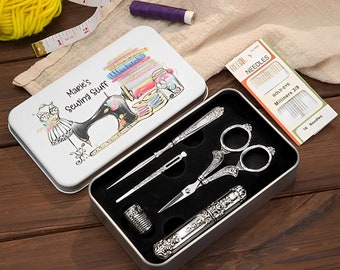 Custom Name Sewing Kit Complete with Scissors, Thimble, Needle Case, Needles, Needle Threader and Awl, Gift for Seamstress/Sewing Hobbyist