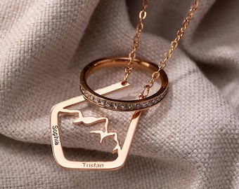 Mountain Ring Holder Necklace with Custom Engraving, Geometric Mountain Ring Keeper Necklace, Mountain Range Ring Holder Necklace for Hiker