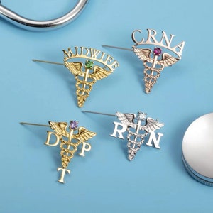 Medical Graduation Pin with Custom Name & Birthstone | 18K Gold Plated Caduceus Lapel Pin for Doctor/Nurse Gift