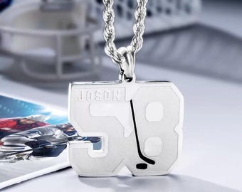 Custom Ice Hockey Number + Name Necklace, Player Number Ice Hockey Necklace, Stainless Steel Sports Jewelry, Gift for Hockey Players/Fans