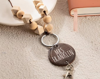 Cordão de madeira com contas Boho personalizado com nome para professor em cores neutras, porta-identidade/crachá com contas Boho neutro, presente de volta às aulas para professor