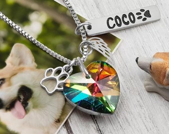 Personalized Pet Loss Rainbow Crystal Necklace, Stainless Steel Angel Wingz + Paw Pet Name Tag & Rainbow Heartshape Pendant, Pet Memorial