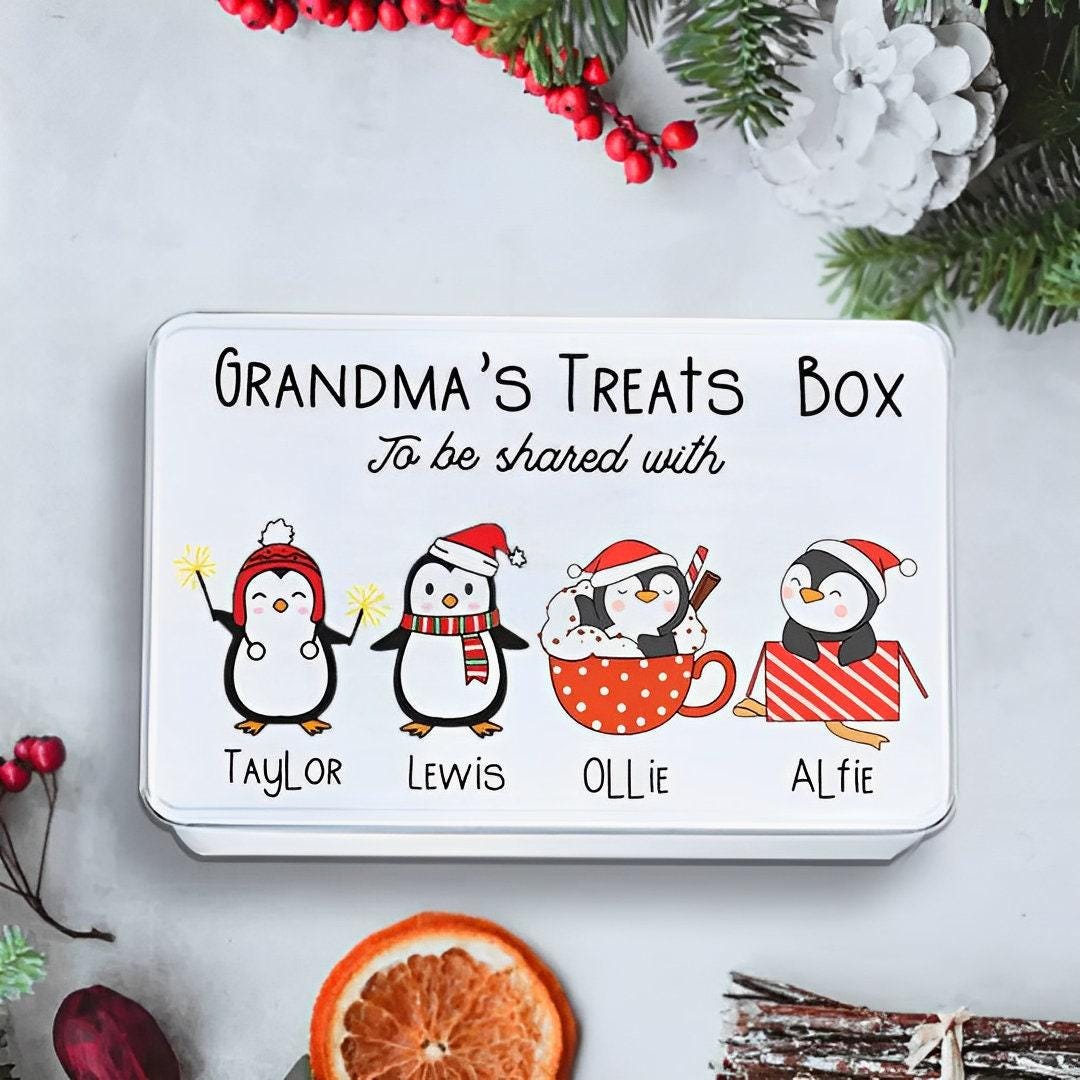 Christmas Tin Box with Custom Name + Christmas Family Portrait as Penguins, Family Christmas Sweets/Cookie Tin, Xmas Gift for Grandma/Mom