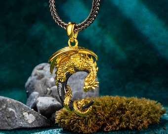 Moon Dragon Birthstone Necklace with Custom Name, Black/Gold Dragon & Moon Pendant Necklace, Birthstone Fantasy Inspire Jewelry for Men/Him