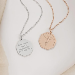 Custom Medical Alert Necklace, Engraved ID Tag Emergency Pendant, Allergy Diabetes Epilepsy Info Charm, Gift for Ederly Family Members