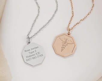 Custom Medical Alert Necklace, Engraved ID Tag Emergency Pendant, Allergy Diabetes Epilepsy Info Charm, Gift for Ederly Family Members