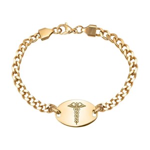May include: Gold medical alert bracelet with a curb chain and an oval tag engraved with a caduceus symbol.
