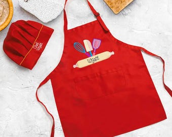 Personalized Kid's Apron with Toque Chef Hat, Kids Cooking Gift, Embroidered Custom Chef Outfit, Baking Accessories for Children
