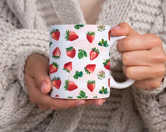 Strawberry Print Ceramic Mug, Watercolor 11oz Drinkware for Spring/Summer Gifts, Perfect for Strawberry Lovers & Enthusiasts