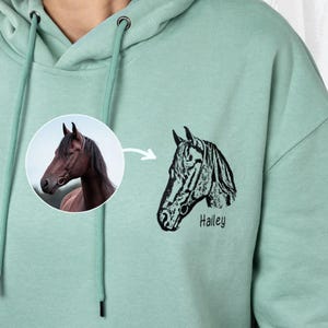 Custom Horse Portrait Hoodie | Personalized Horse Line Art Gift for Horse Lovers & Owners | Unisex Pullover Sweatshirt